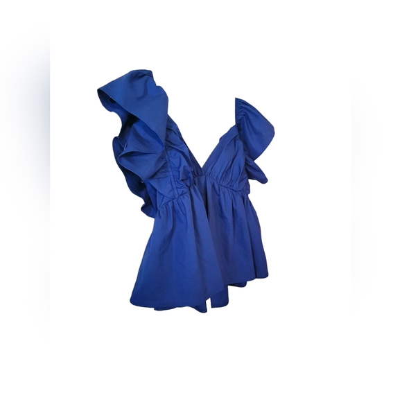 Day + Moon Blue Flutter Sleeve Ruffled Blouse - Picture 2 of 9